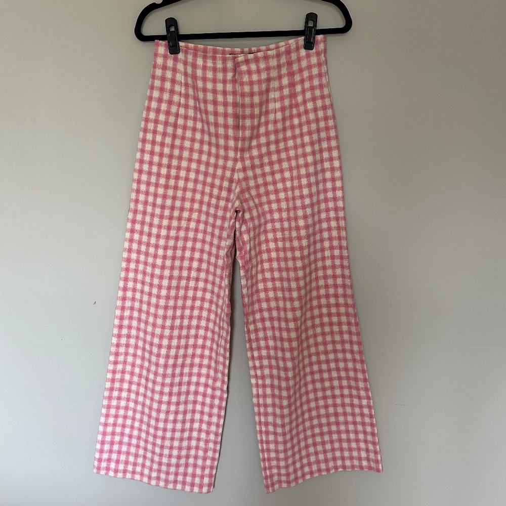 Pink Gingham Wide-Leg Women's Pants